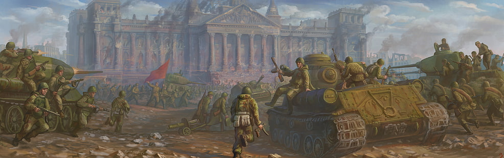 army riding battle tanks illustration, war, victory, army, art, USSR, soldiers, battle, tanks, the second world war, the great Patriotic war, Berlin, 1945, red army, the reichstag, HD wallpaper HD wallpaper