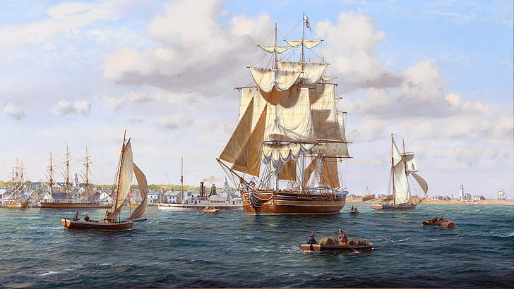 ilustracja biało-brązowa galeon, morze, miasto, brzeg, postać, przystań, statki, łodzie, sztuka, port, parowiec, Tapety HD