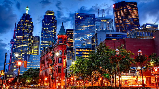 Торонто, градски пейзаж, град, сграда Gooderham, сграда flatiron, небостъргач, flatiron, силует, сграда, архитектура, градски светлини, небе, Канада, нощ, кула, HD тапет HD wallpaper