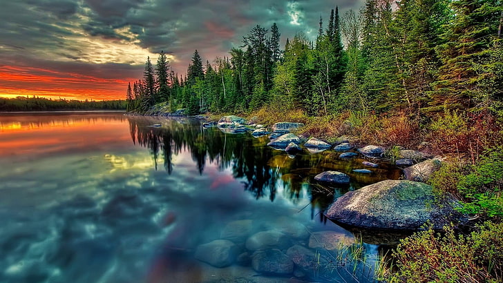plan d'eau calme, paysage, lac, coucher de soleil, arbres, nature, HDR, Fond d'écran HD