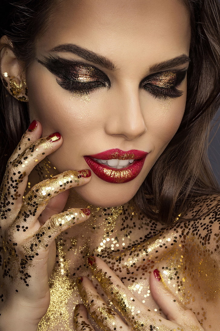 Slinky-Aleksandr Lishchinskiy, dorado, maquillaje, mujer, modelo, lápiz labial rojo, retrato, 500 px, Fondo de pantalla HD, fondo de pantalla de teléfono