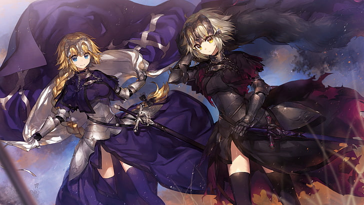 two female characters illustration, armor, dress, Fate/Apocrypha, Fate/Grand Order, Fate/Stay Night, thigh-highs, Jeanne d'Arc, Jeanne d'arc alter, HD wallpaper