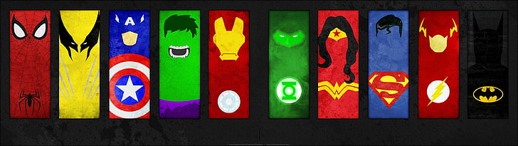 Marvel и DC супергерои с наклейками, герои Marvel и DC, несколько дисплеев, Marvel Comics, DC Comics, Человек-паук, Росомаха, Халк, Железный человек, Зеленый фонарь, Чудо-женщина, Супермен, Флэш, Бэтмен, коллаж, HD обои