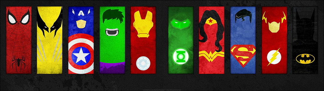 マーベルとDCのスーパーヒーローのステッカーロット、マーベルとDCのヒーロー、マルチディスプレイ、マーベルコミック、DCコミック、スパイダーマン、ウルヴァリン、ハルク、アイアンマン、グリーンランタン、ワンダーウーマン、スーパーマン、フラッシュ、バットマン、コラージュ、 HDデスクトップの壁紙 HD wallpaper