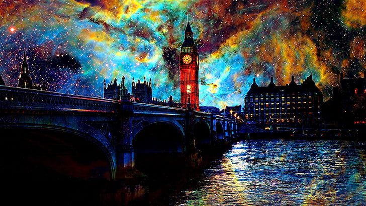 небе, космос, специални ефекти, град, вечер, градски пейзаж, изкуство, дигитална живопис, нощ, Биг Бен, вода, Темза, нощно небе, звездно небе, фотошоп изкуство, фентъзи изкуство, Лондон, HD тапет