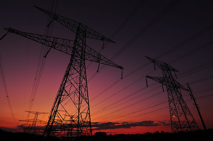 Sonnenuntergang, Stromleitungen, HD-Hintergrundbild