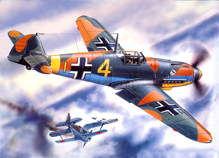 ilustração de monoplano preto e laranja, céu, guerra, figura, lutador, batalha, arte, ar, aeronaves, forrada, alemão, soviético, biplano de combate, 
