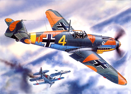 黒とオレンジの単葉機のイラスト、空、戦争、図、戦闘機、戦闘、アート、空気、航空機、並ぶ、-153、ドイツ、ソビエト、戦闘機複葉機、「the Seagull」、Bf-109 F4、 HDデスクトップの壁紙 HD wallpaper