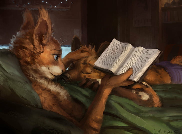 Anthro, пара, Furry, в постели, чтение, HD обои