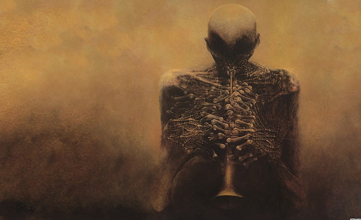 papel pintado del cráneo, Zdzisław Beksiński, espeluznante, cráneo, huesos, esqueleto, arte de fantasía, obras de arte, polaco, Fondo de pantalla HD