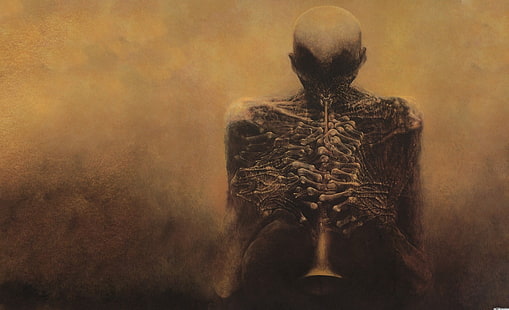 череп тапет, Zdzisław Beksiński, зловещ, череп, кости, скелет, фентъзи изкуство, произведения на изкуството, полски, HD тапет HD wallpaper
