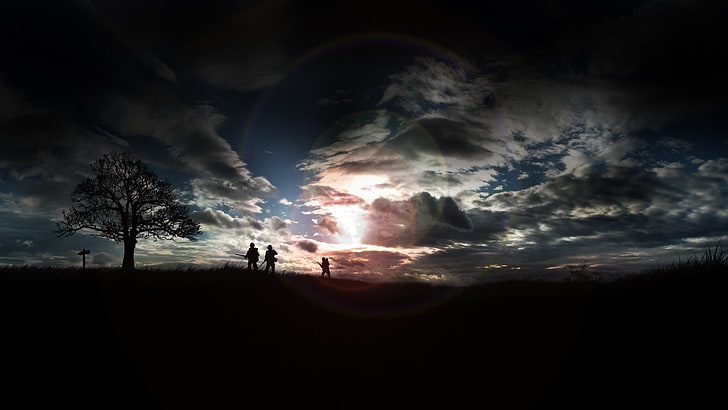 trees and people silhouette, sunlight, soldier, trees, clouds, digital art, landscape, HD wallpaper
