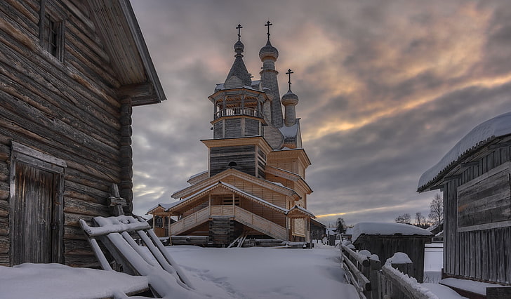 Rusia, desa, musim dingin, gereja, Wallpaper HD