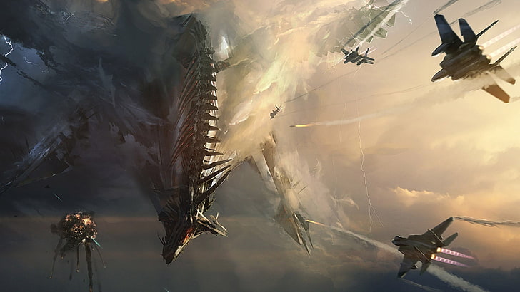 war plane lot, artwork, fantasy art, dragon, jets, war, sky, battle, HD wallpaper