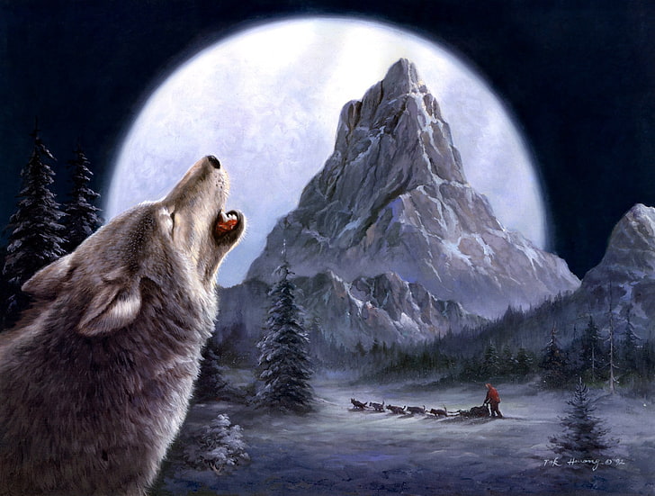 белый и серый волк, зима, волки, живопись, ток хван, HD обои