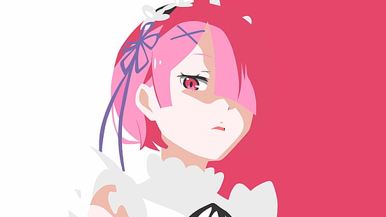 Re: Zero Kara Hajimeru Isekai Seikatsu, Ram (Re: Zero), animeflickor, minimalism, enkel bakgrund, Yuki-Neh, rosa hår, HD tapet HD wallpaper