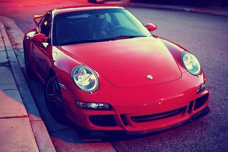 red car, car, Porsche 911, red cars, vehicle, haze, pink, red, HD wallpaper