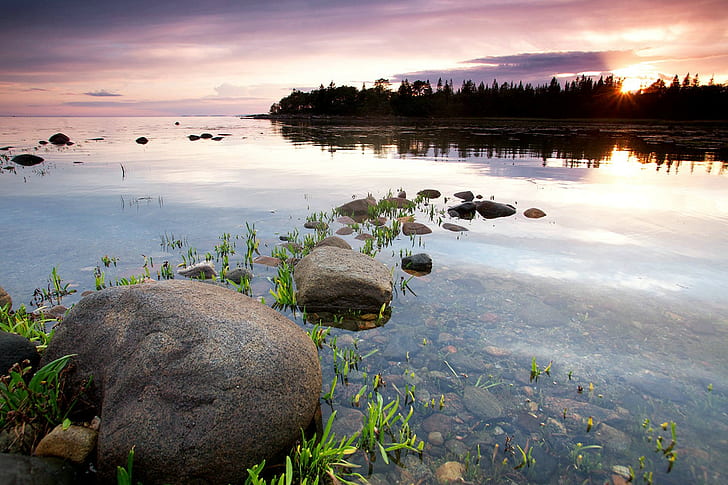 ภูมิทัศน์ธรรมชาติหินทะเลสาบพระอาทิตย์ตกต้นไม้, วอลล์เปเปอร์ HD