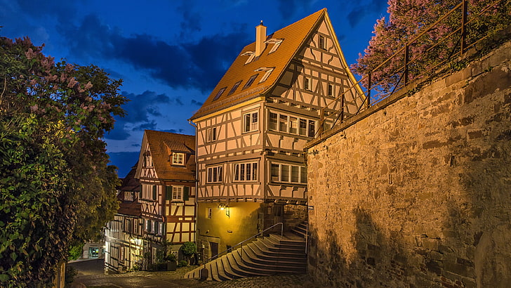 timbered houses, dusk, eu, night, half-timbered house, europe, countryside, timber frame, house, tree, baden wuerttemberg, facade, estate, timbered house, home, half timber house, building, timber house, germany, sky, HD wallpaper