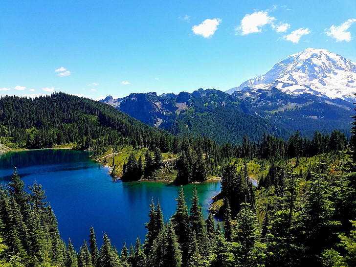 paisaje, agua, montañas, lago, Monte Rainier, estado de Washington, Fondo de pantalla HD
