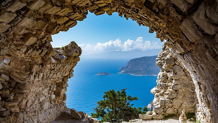 дамска синя и бяла флорална рокля, море, пещера, скали, остров, Родос, Гърция, циан, облаци, HD тапет
