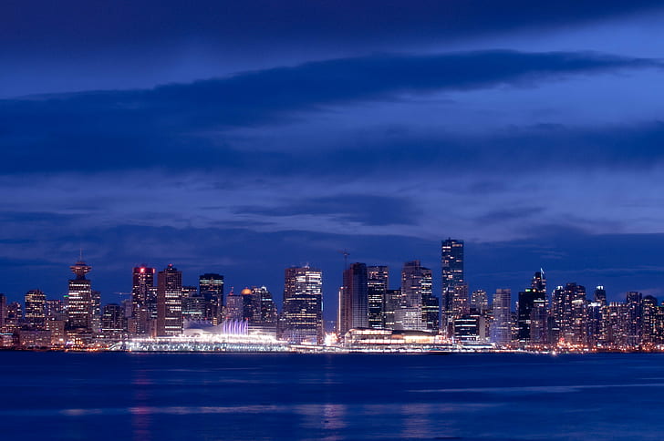 panorama photo of buildings, Earth Hour 2009, panorama, buildings, long exposure, lonsdale quay, night photography, vancouver, west coast, cityscape, canada, urban Skyline, uSA, night, city, skyscraper, urban Scene, downtown District, sea, built Structure, architecture, building Exterior, dusk, HD wallpaper