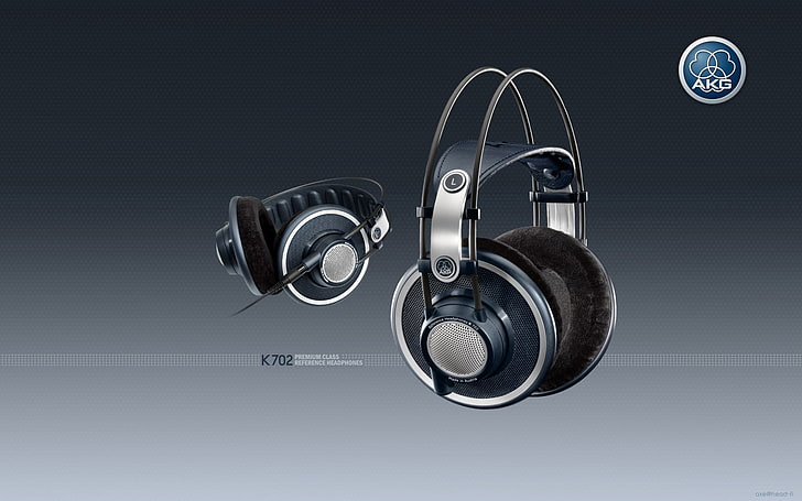 szare i czarne słuchawki przewodowe, słuchawki, akg, k702, membrany, tło, Tapety HD