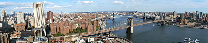 kota, tiga layar, sudut lebar, Kota New York, lanskap kota, Jembatan Brooklyn, Wallpaper HD
