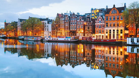 Амстердам, Холандия, Европа, канал, вода, отразено, отражение, сгради, къщи, HD тапет HD wallpaper