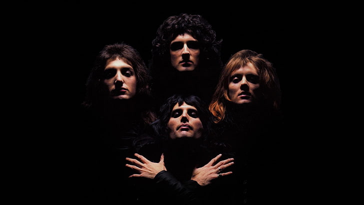 Queen band, Queen , music, musician, Freddie Mercury, band, black background, album covers, Freddy Mercury, Brian May, Roger Taylor, John Deacon, Bohemian Rhapsody, men, HD wallpaper