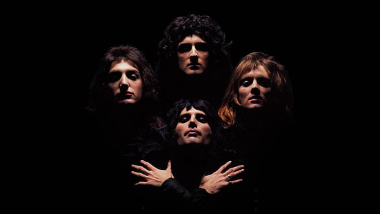 Queen band, Queen , music, musician, Freddie Mercury, band, black background, album covers, Freddy Mercury, Brian May, Roger Taylor, John Deacon, Bohemian Rhapsody, men, HD wallpaper HD wallpaper