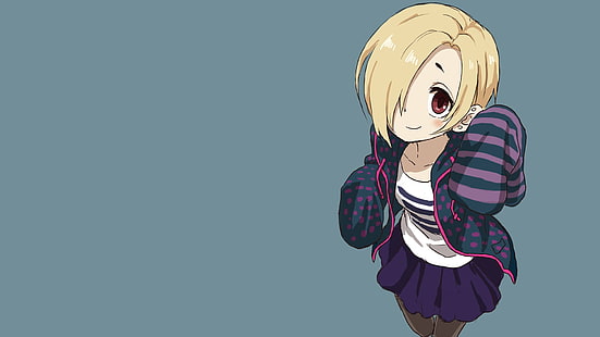 желтоволосая женщина аниме персонаж иллюстрация, аниме, аниме девушки, простой фон, синий фон, Shirasaka Koume, блондинка, короткие волосы, смотрит на зрителя, юбка, красные глаза, HD обои HD wallpaper