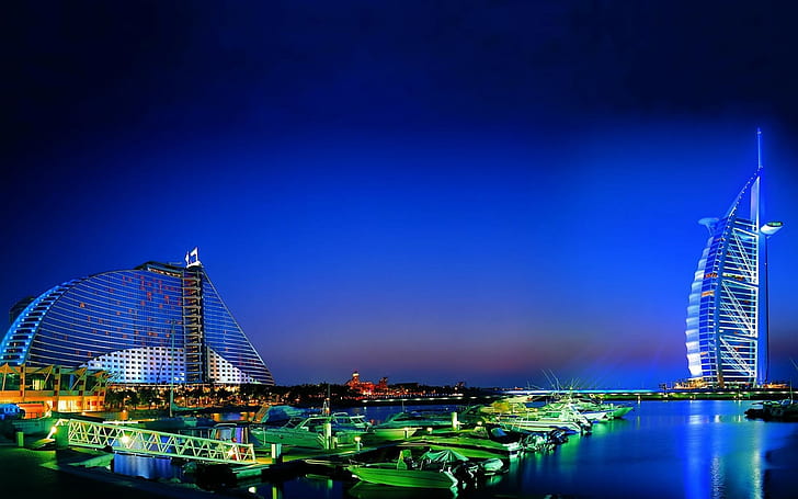 Dubai, noche, barco, hotel, paisaje urbano, Fondo de pantalla HD