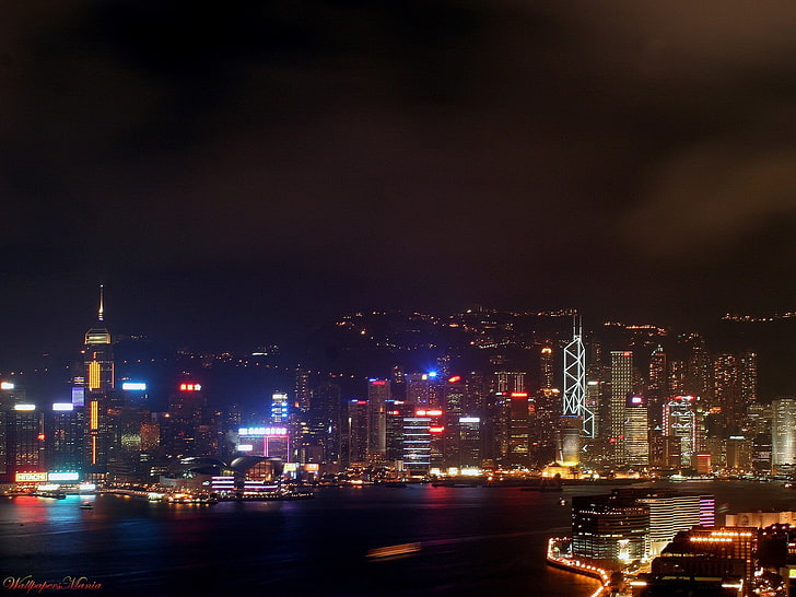 notte, Hong Kong, grattacieli, luci, neon, Sfondo HD