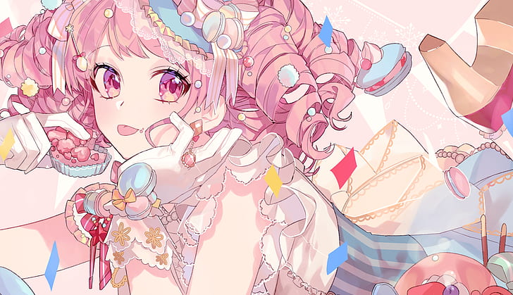 anime, anime girls, simple background, pink hair, pink eyes, BanG Dream!, candy, HD wallpaper
