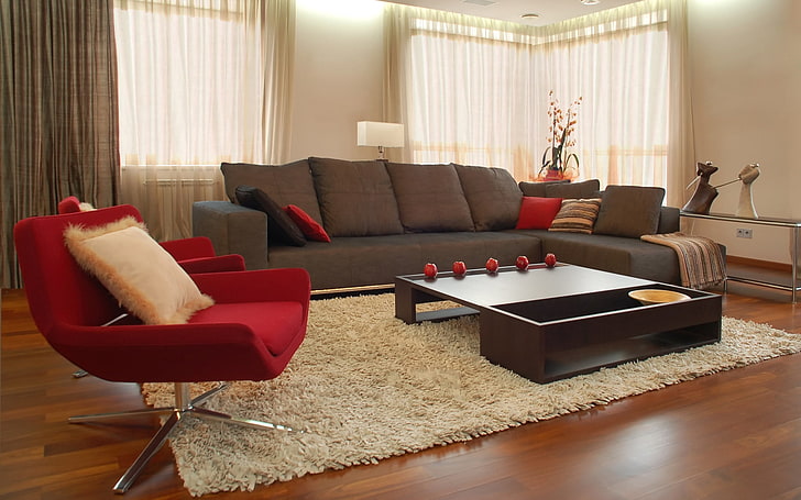 red swivel chair, sofa, design, interior design, apartment, room, red, chair, style, HD wallpaper