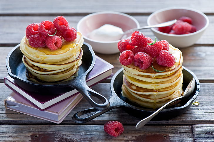 pancake, raspberry, spoon, Food, HD wallpaper