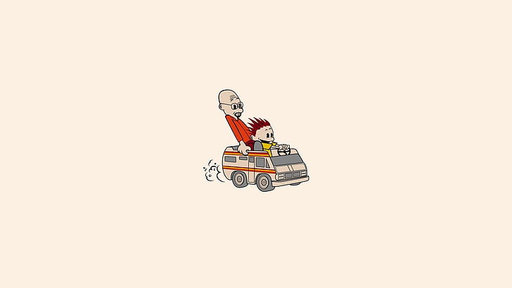man and child riding car illustration, minimalism, digital art, white background, Breaking Bad, TV, Walter White, car, Calvin and Hobbes, RV, HD wallpaper
