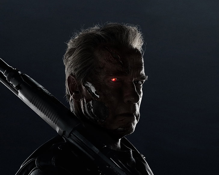 Terminator by Arnold Schwarzenegger, Terminator, Arnold Schwarzenegger, Terminator Genisys, cyborg, weapon, movies, T-800, red eyes, HD wallpaper