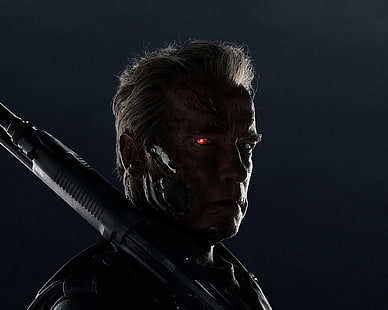 Terminator by Arnold Schwarzenegger, Terminator, Arnold Schwarzenegger, Terminator Genisys, cyborg, weapon, movies, T-800, red eyes, HD wallpaper HD wallpaper