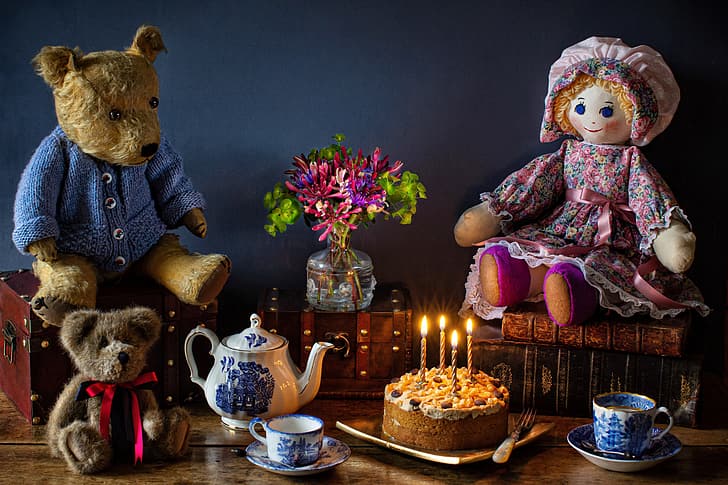 flowers, style, toys, books, doll, bears, the tea party, cake, still life, a bunch, Teddy bears, chests, HD wallpaper