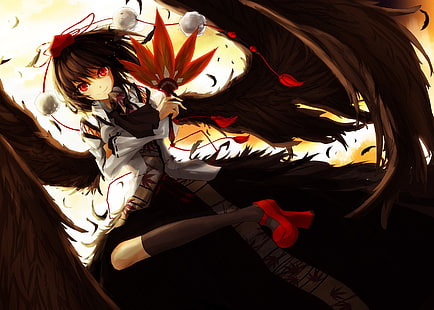 Touhou, Shameimaru Aya, kurze Haare, rote Augen, Flügel, Federn, Anime Girls, Anime, HD-Hintergrundbild HD wallpaper