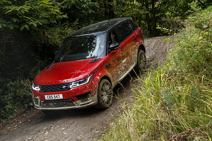 road, forest, vegetation, dirt, Land Rover, black and red, Range Rover Sport Autobiography, HD wallpaper