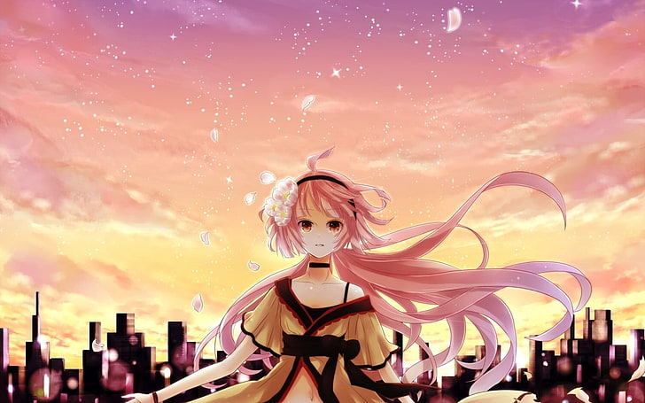 Anime, Girl, Hair, Pink, Flower, Petal, City, Sunset, Wallpaper HD