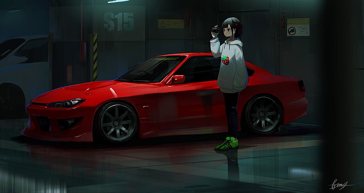Anime, original, bil, röd bil, HD tapet