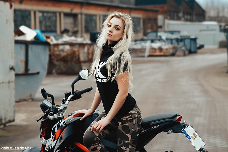 look, girl, pose, blonde, motorcycle, Loba, Andreas-Joachim Lins, HD wallpaper