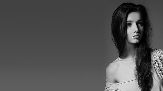 monokrom, wanita, wajah, latar belakang sederhana, rambut panjang, model, potret, Wallpaper HD HD wallpaper