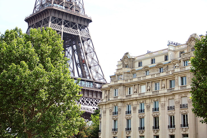 trees, the city, house, France, Paris, the building, green, architecture, Eiffel Tower, La tour Eiffel, HD wallpaper