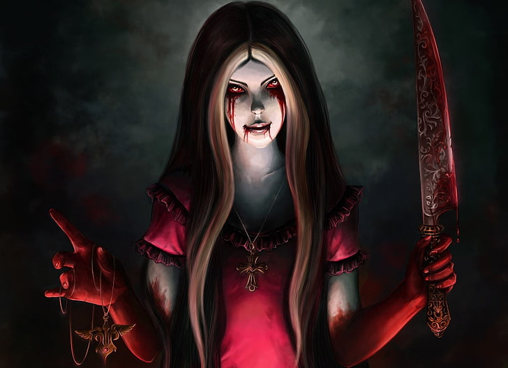 Wanita memegang pisau dengan ilustrasi mata berdarah, Video Game, Alice: Madness Returns, Wallpaper HD