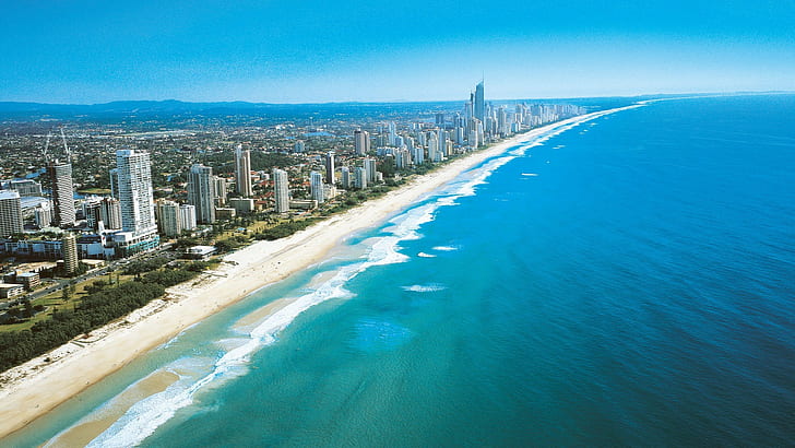paisaje urbano, Australia, Gold Coast, rascacielos, costa, playa, mar, Fondo de pantalla HD